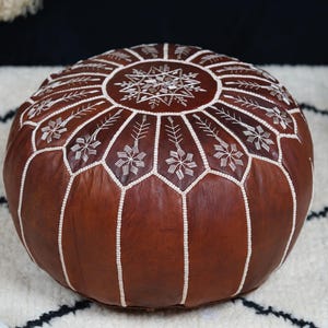PREFILLED Dark Brown Leather Moroccan Pouf Ottoman Footstool