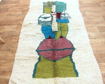 Marokkaans boucherouite-tapijt met abstract gezicht – kubistisch berbertapijt, tribal decor