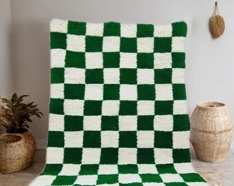 Handmade Wool Moroccan Rug: Green and White Checkered Beni Ourain Rug