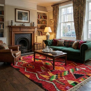 May include: A cozy living room with a red patterned rug, a green velvet sofa, and a wooden coffee table. The room features a fireplace, bookshelves, and a leather armchair. The curtains and pillows have a plaid pattern.