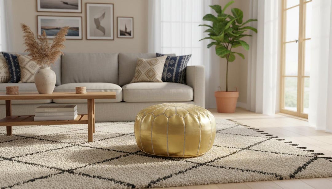 Next Day Delivey Prefilled Gold Moroccan Leather Pouf Ottoman