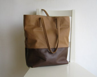 Brown and Cognac/ Camel Leather Tote Shoulder Bag