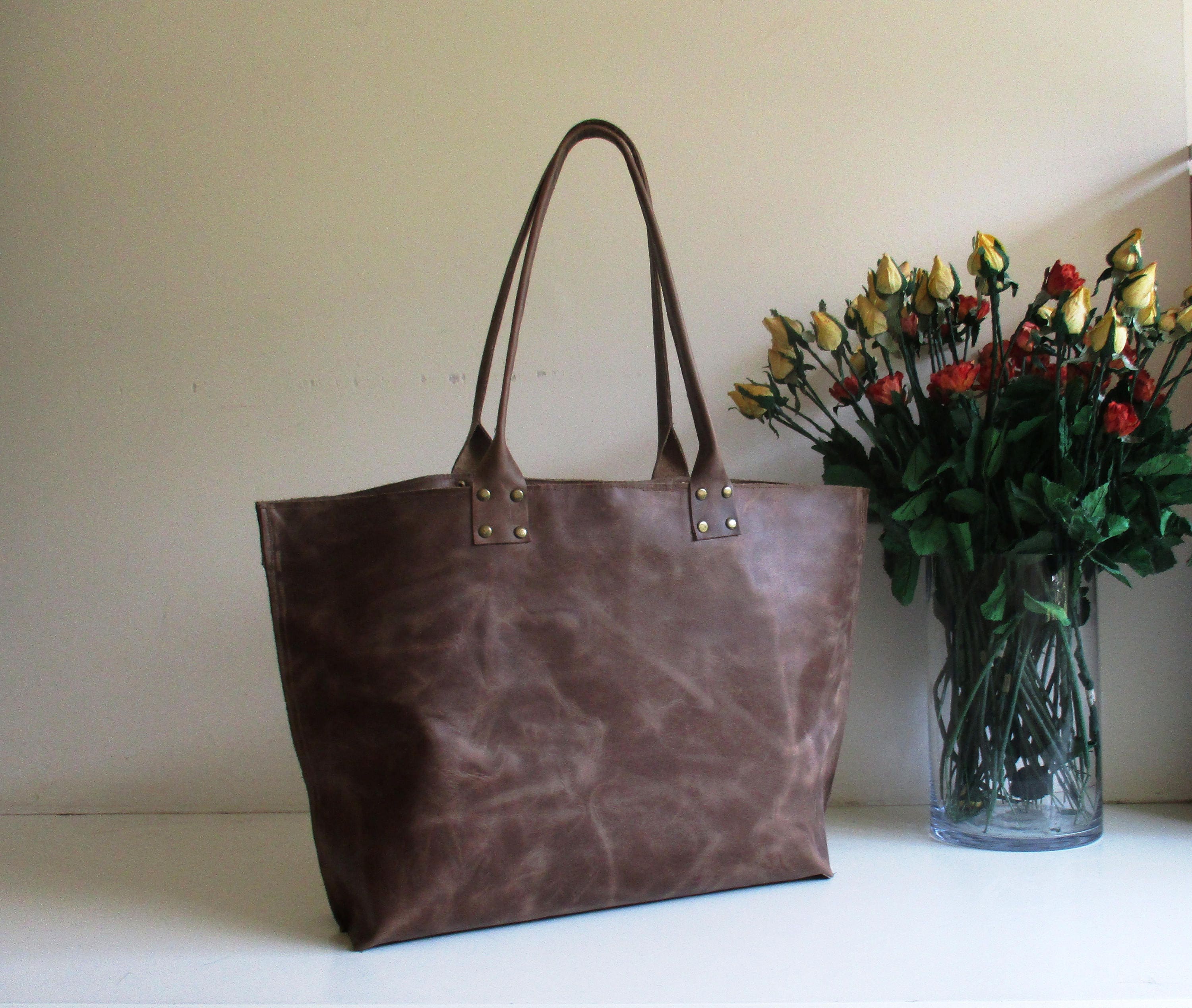 Brown Distressed Aged Genuine Leather Wide Tote Shoulder Bag | Etsy