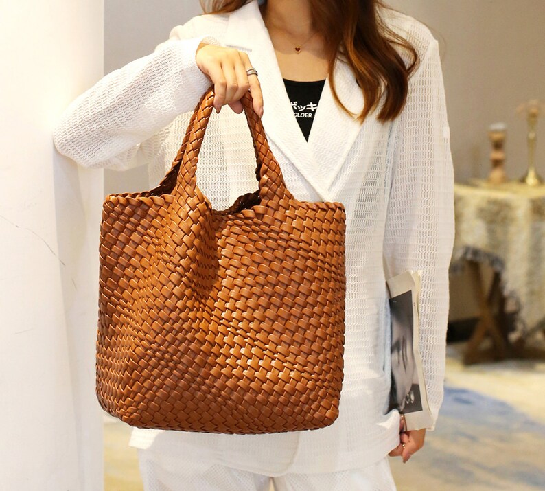 Woven Vegan Soft Leather Tote Etsy