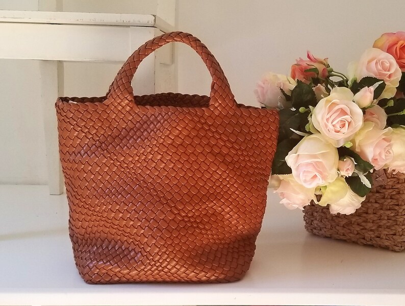 Woven Vegan Soft Leather Tote Etsy