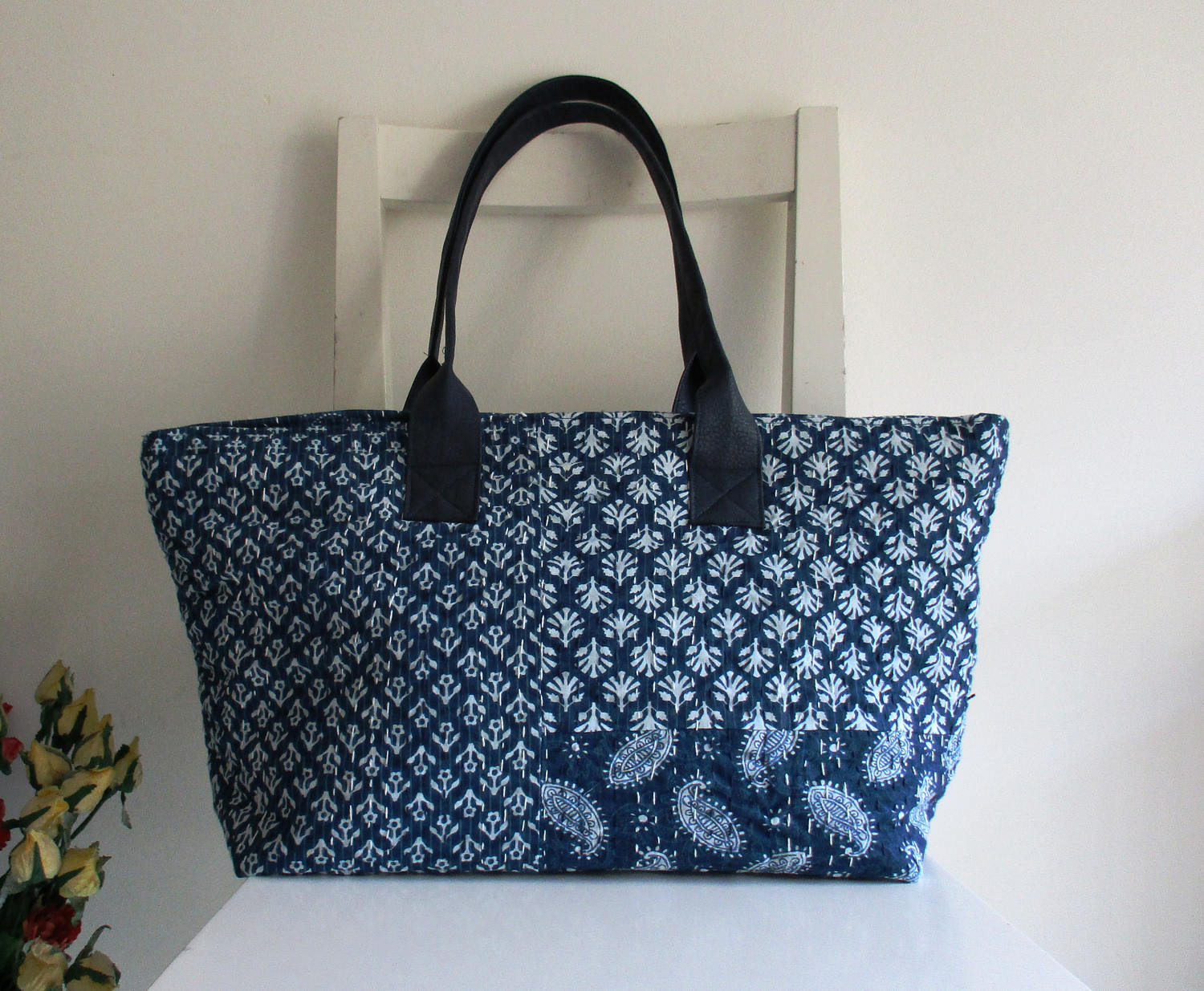 Blue and White Tote Shoulder Bag With Vegan Leather Straps Etsy