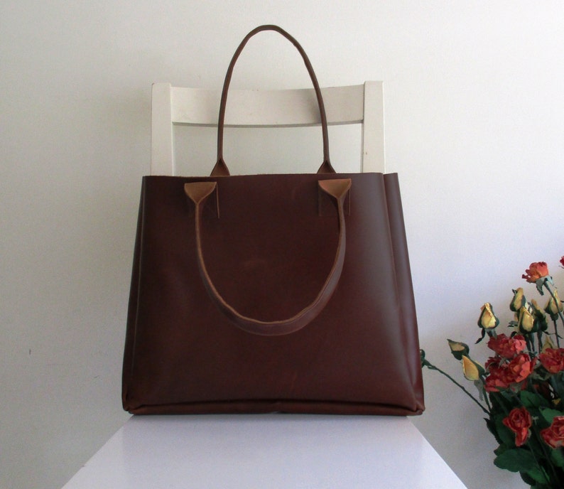 Stiff Brown Genuine Leather Tote Shoulder Bag Etsy
