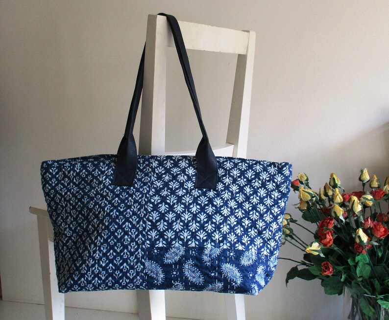 Blue and White Tote Shoulder Bag with Vegan Leather Straps | Etsy