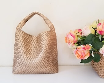 Rose Gold Woven Vegan Soft Leather Shoulder Bag