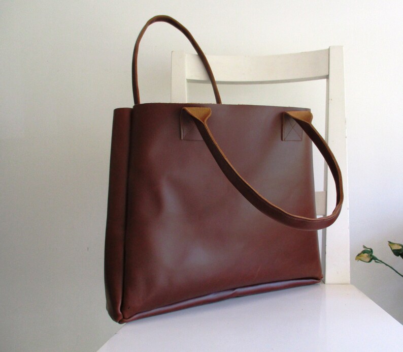 Stiff Brown Genuine Leather Tote Shoulder Bag Etsy