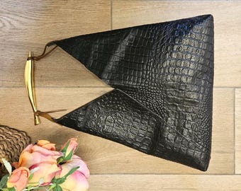 Embossed Genuine Brown Leather Handbag with a metal golden Fish Handle