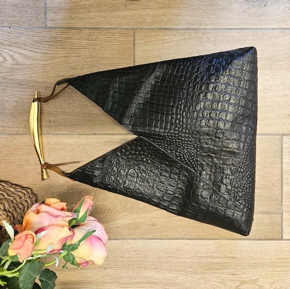 Embossed Genuine Brown Leather Handbag with a metal golden Fish Handle