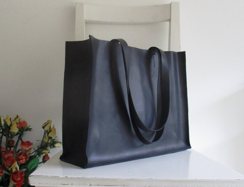 Medium Size Black Leather Tote Shoulder Bag Etsy