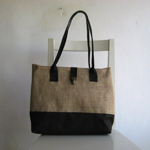 Burlap / Jute and Vegan Leather Tote - Etsy