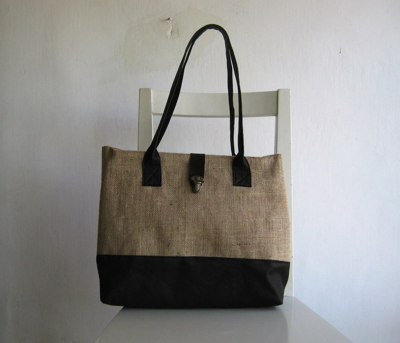 Burlap / Jute and Vegan Leather Tote Etsy
