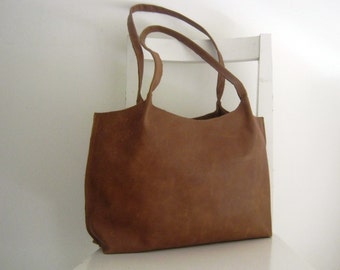 Camel / saddle Distressed Genuine Leather Tote Shoulder Bag