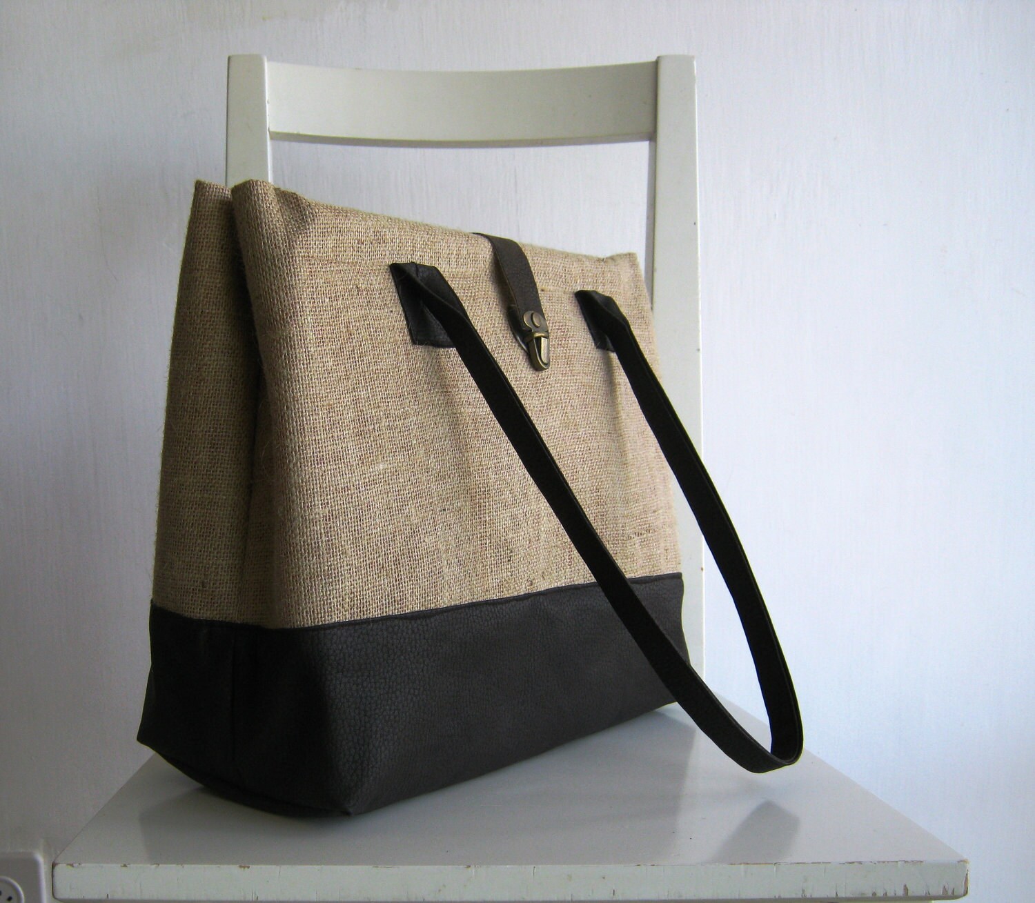 Burlap / Jute and Vegan Leather Tote Etsy