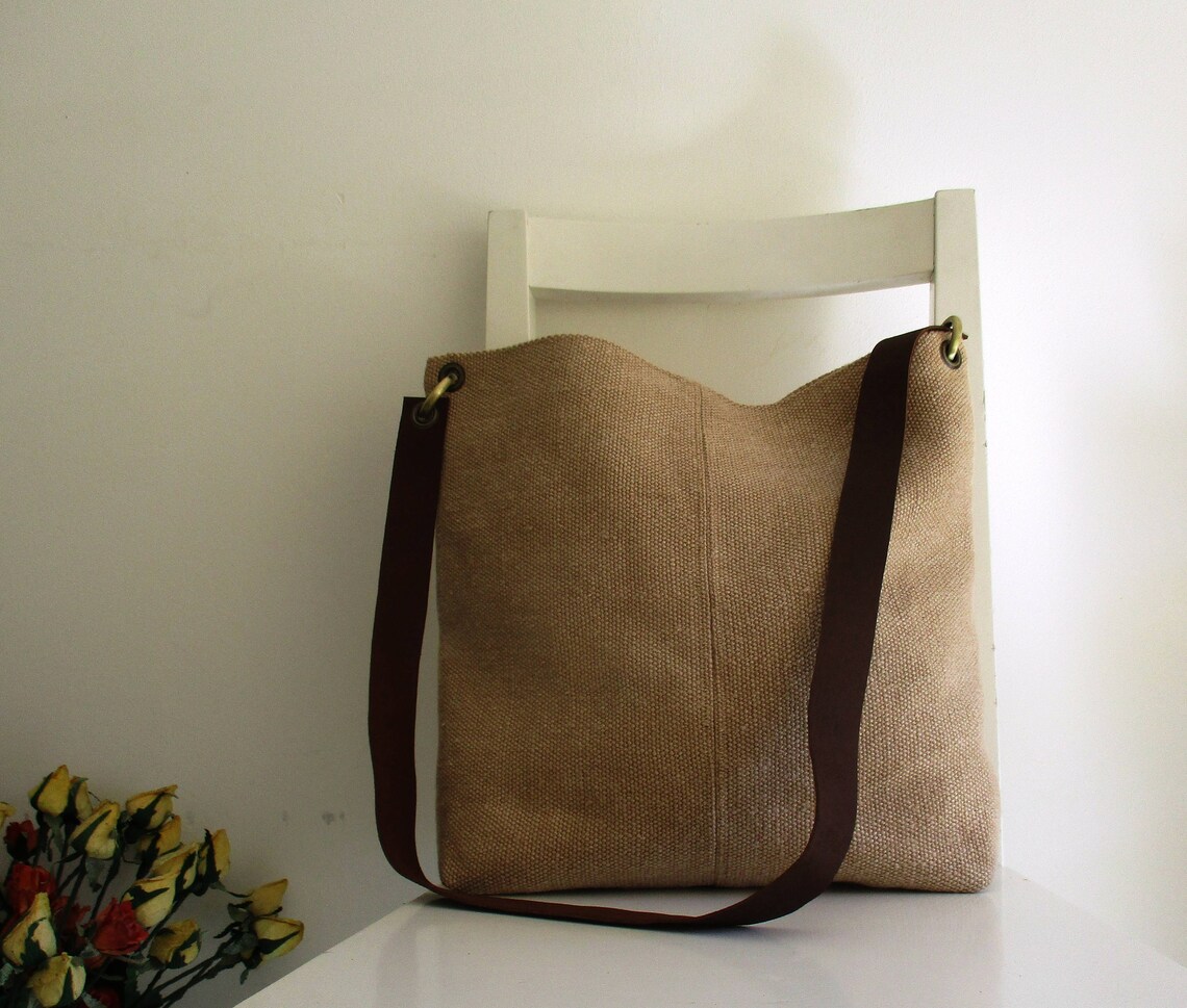 Basic Perfect Shoulder Bag / Messenger in Natural Burlap Color Etsy