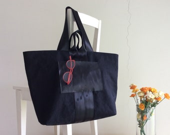 Black Canvas Tote Bag – Leather Pocket, Webbing Straps