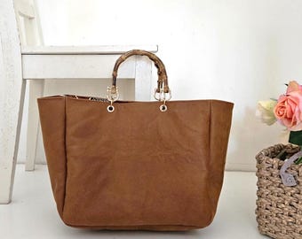 Camel/ Tan Large Genuine Leather Tote Bag and Genuine Bamboo Handles