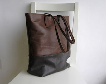 Two Tones Brown Leather Tote Shoulder Bag