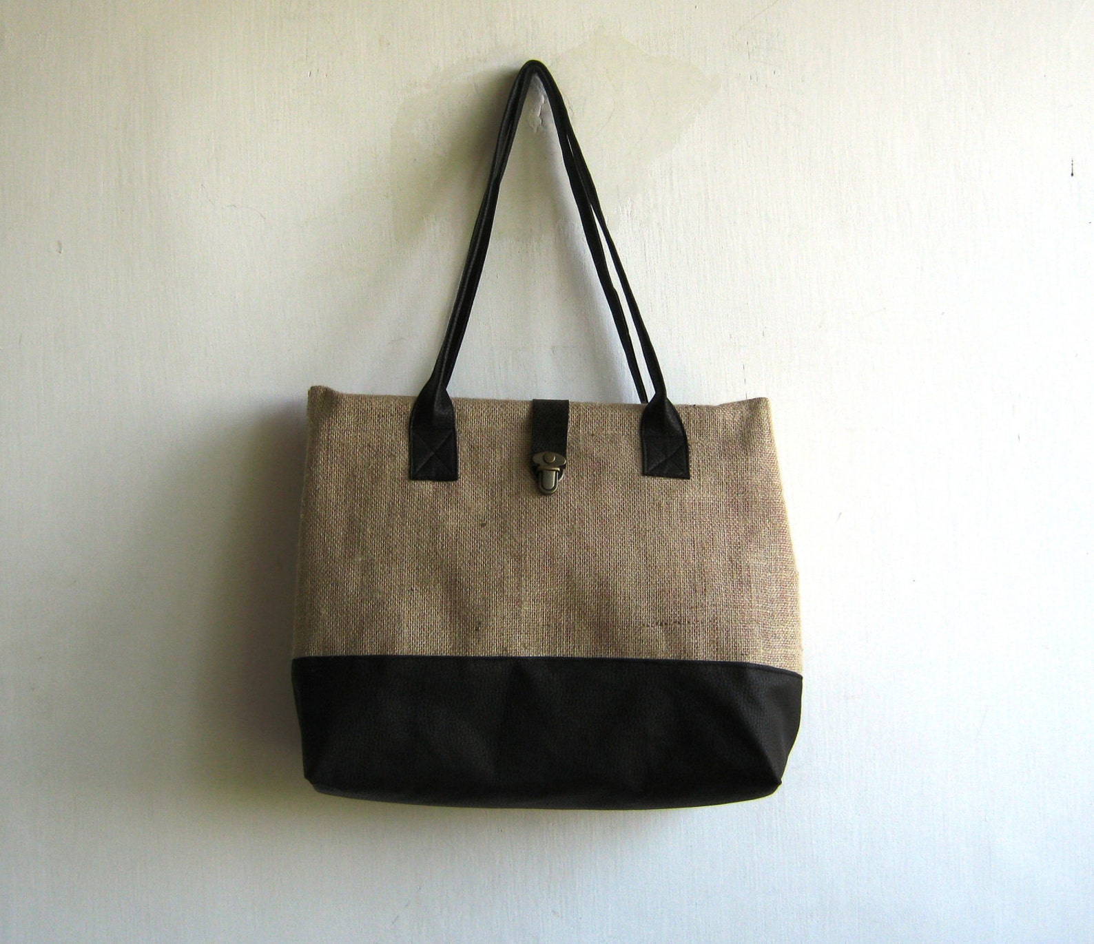 Burlap / Jute and Vegan Leather Tote Etsy
