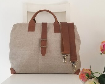 Mary Poppins Grain Sack and Leather Weekender Bag