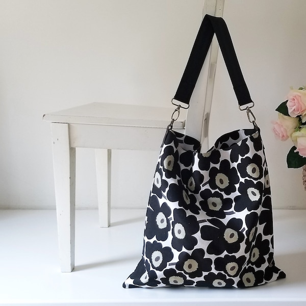 Marimekko Pieni Unikko Cotton Canvas. Black poppies XL Slouchy Shoulder Bag, Over Size.