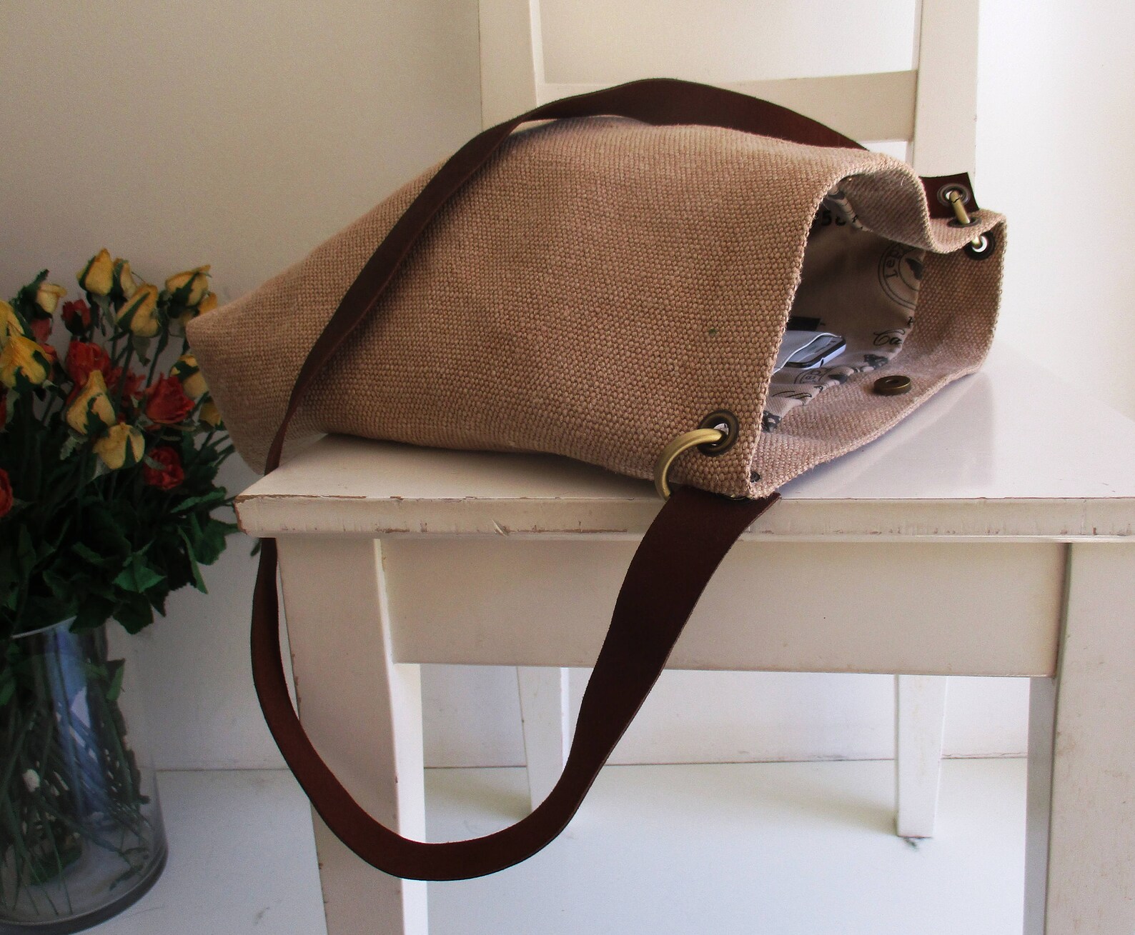 Basic Perfect Shoulder Bag / Messenger in Natural Burlap Color Etsy