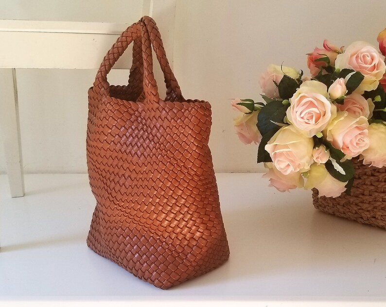 Woven Vegan Soft Leather Tote Etsy