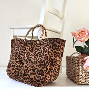 Leopard Print Handbag with Bamboo Handles