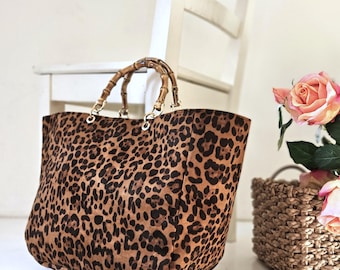 Leopard Print Handbag with Bamboo Handles