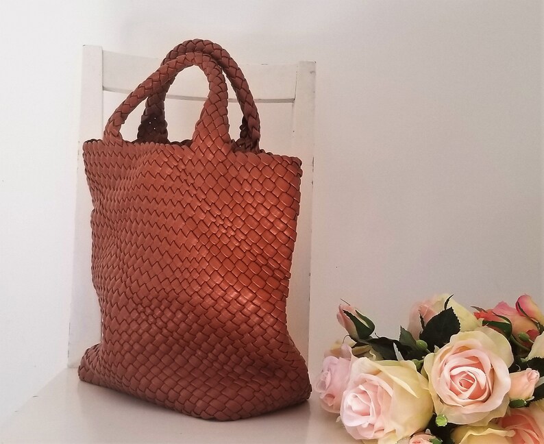 Woven Vegan Soft Leather Tote Etsy