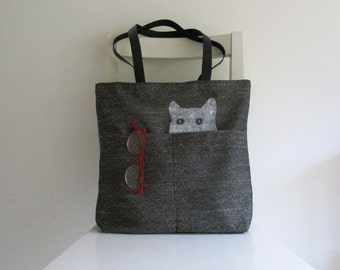SALE - Cat in the Pocket Tote / Shoulder Bag