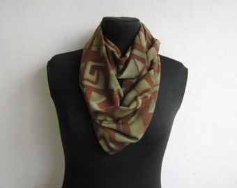 Infinity Scarf -  Handmade Circle Scarf in brown gold and green geometric pattern