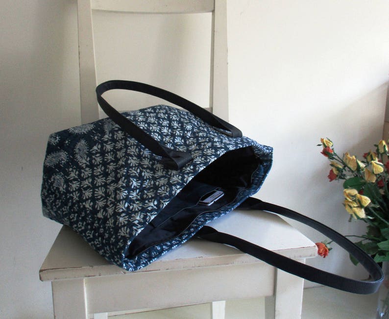Blue and White Tote Shoulder Bag With Vegan Leather Straps - Etsy