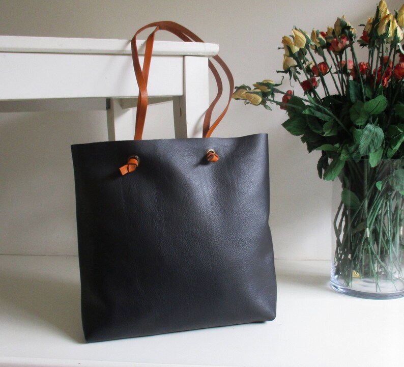 Black Leather Tote / Shoulder Bag With Tan Leather Straps - Etsy