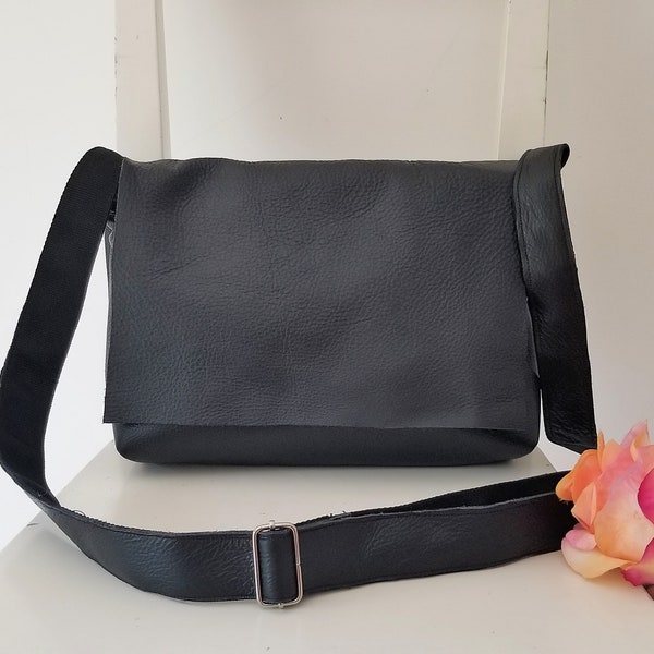 Black Leather Satchel with a Flap
