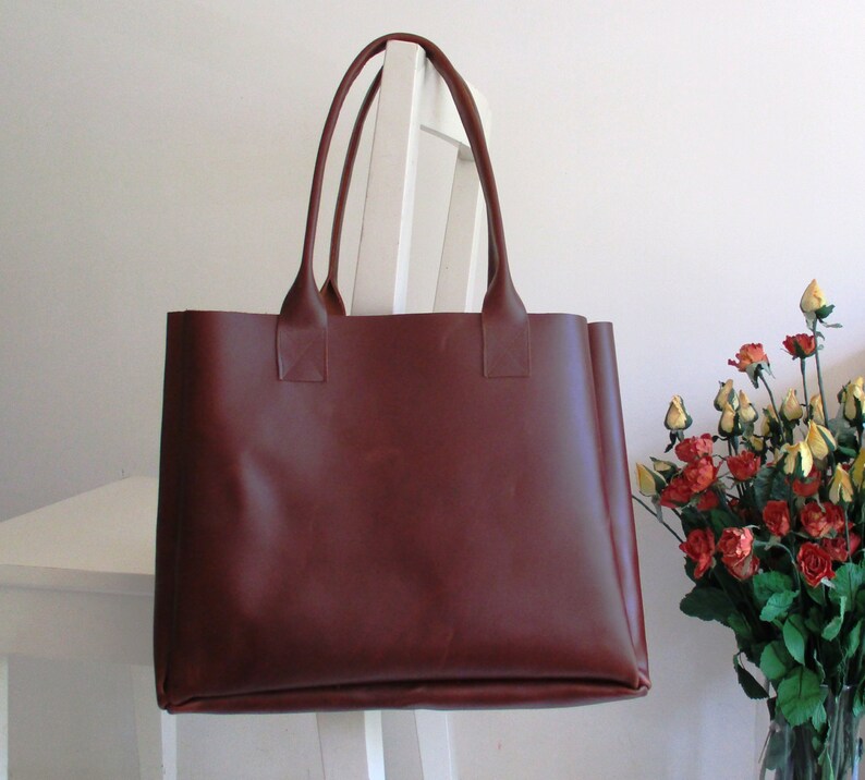 Stiff Brown Genuine Leather Tote Shoulder Bag Etsy