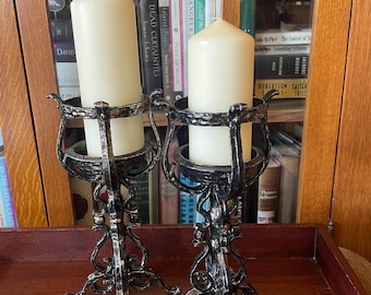 2 Vintage Gothic Hammered Wrought Iron Candle Holder