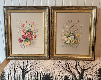 2 Vintage B. Riasni Floral Still-Life Lithograph Framed Prints