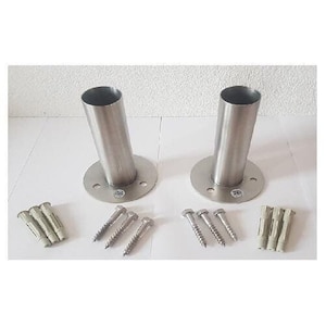 May include: Two silver metal poles with round bases and screws for mounting. The poles are approximately 10 inches tall.