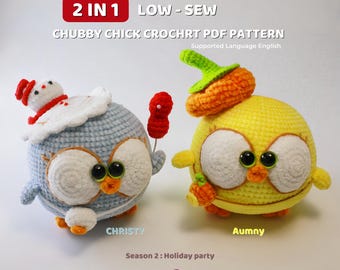 Chick Crochet Pattern 2in1 –  Snowman & Pumpkin Hat Chicken | Low-Sew Amigurumi Plush Toy DIY
