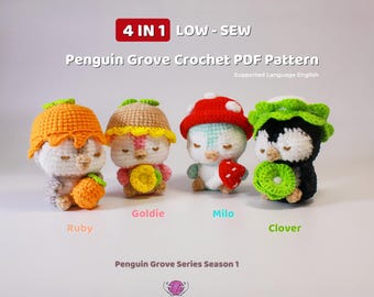 Penguin Crochet Pattern 4in1 - Low-Sew Fruit, Veggie & Flower-Inspired Amigurumi Penguins