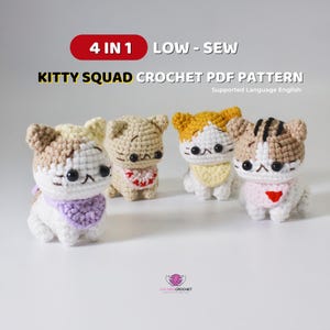 May include: Four crochet kitty amigurumi patterns in a PDF download. The kitties are in various colors, including white, brown, orange, and black. Each kitty is wearing a bib. The pattern is called "Kitty Squad Crochet PDF Pattern".