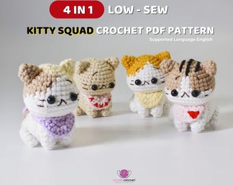 May include: Four crochet kitty amigurumi patterns in a PDF download. The kitties are in various colors, including white, brown, orange, and black. Each kitty is wearing a bib. The pattern is called "Kitty Squad Crochet PDF Pattern".