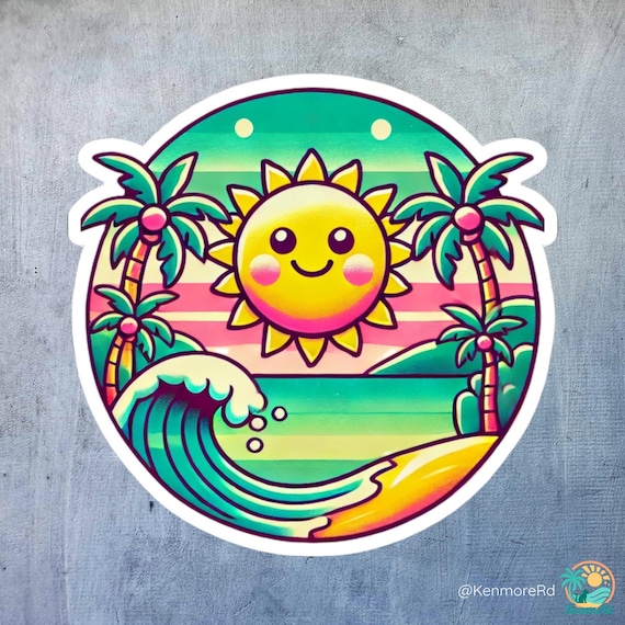 Summer Vibes Beach Sticker, Vibrant Cute Beach Scene Sticker for Aesthetic Wall Art, Laptops, Water Bottles, Journals, Planners and More