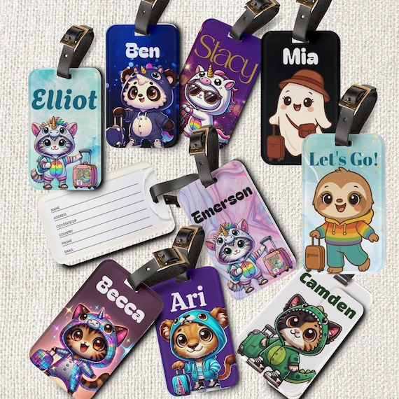 Personalized Kawaii Luggage Tags – Custom Chibi Cat, Sloth, Ghost & Lion | Cute Travel Gifts for Kids, Teens and Jetsetters, Custom Gifts