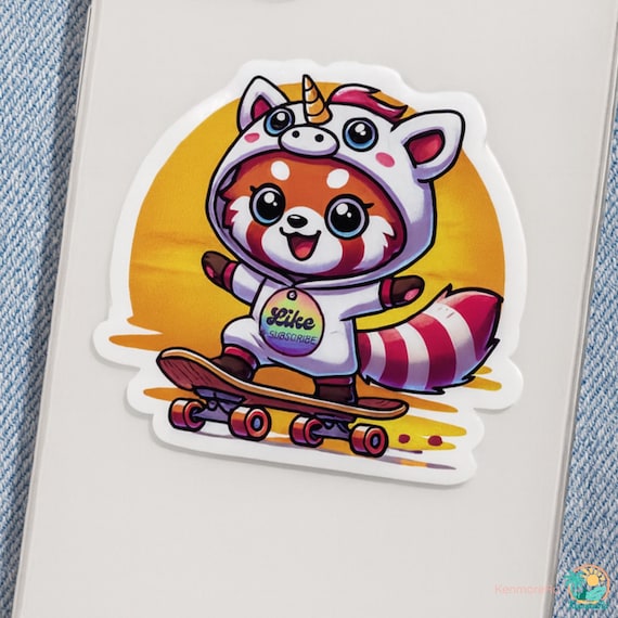 Red Panda Skateboard Sticker |  Like & Subscribe Vinyl Decal | Cute Animal Laptop and Water Bottle Decor | Kawaii Gift for Skaters