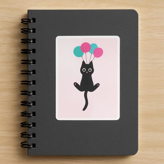 Black Cat Sticker with Balloons, Cute Vinyl Decal for Water Bottles, Laptops & Kindles, Perfect Gift for Cat Lovers